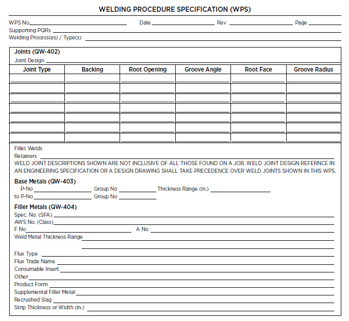 WPS - welding procedure specifications sheet